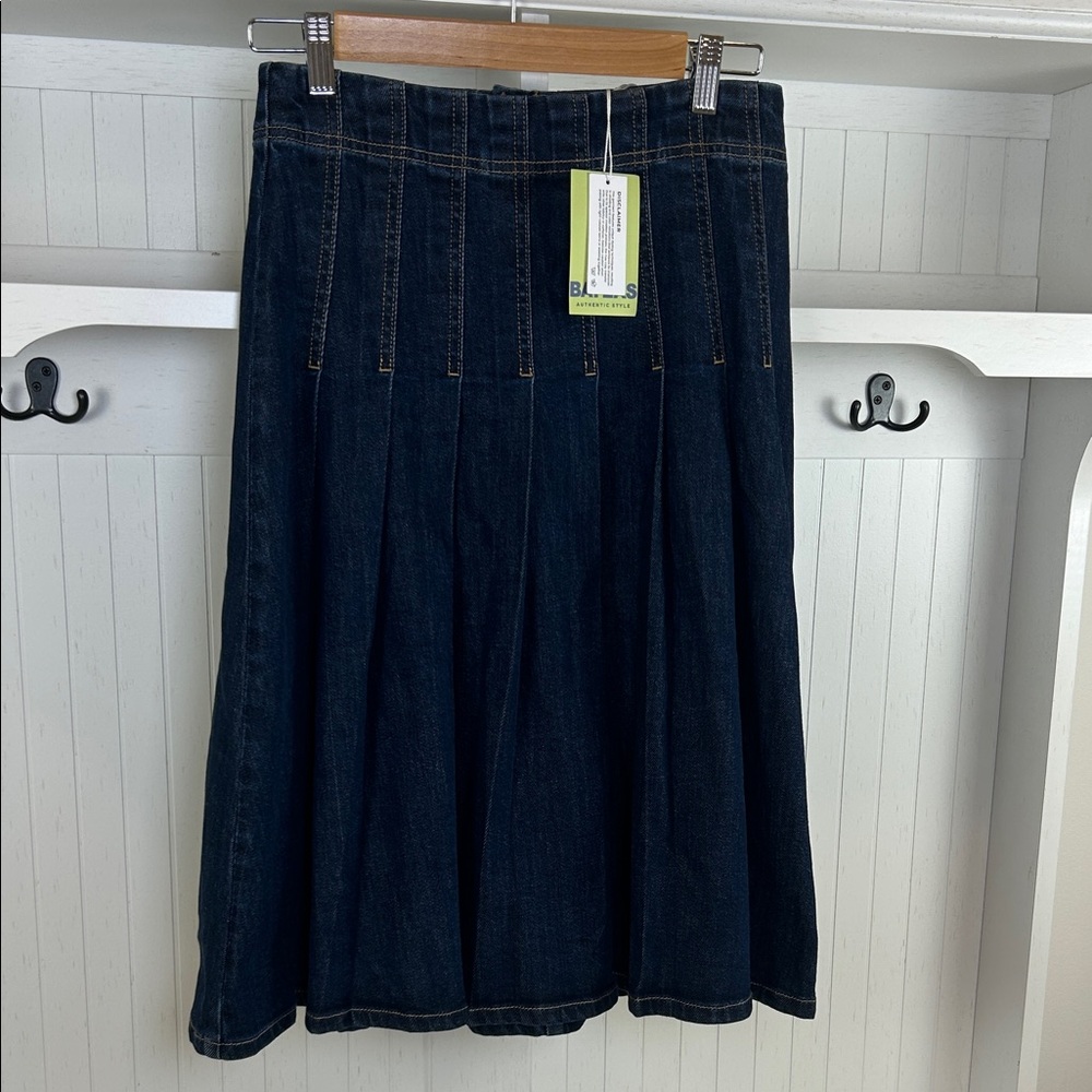 BAYEAS Pleated Denim Midi Skirt Dark Wash NWT S